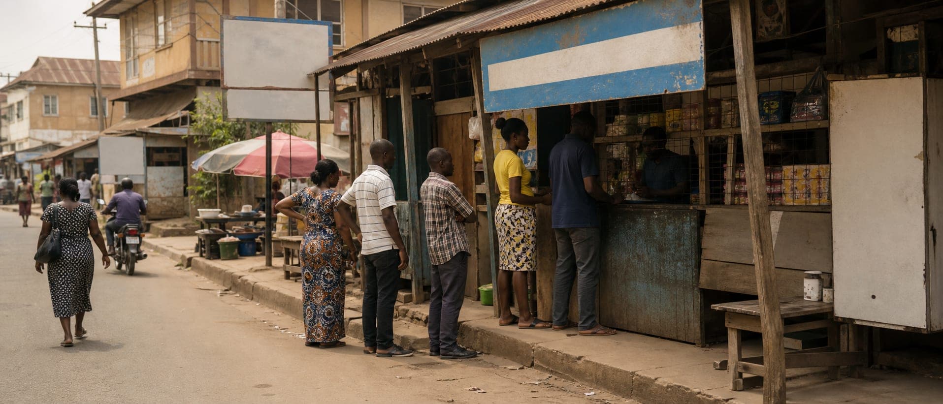A Lukeport agent counter operating on a busy market street